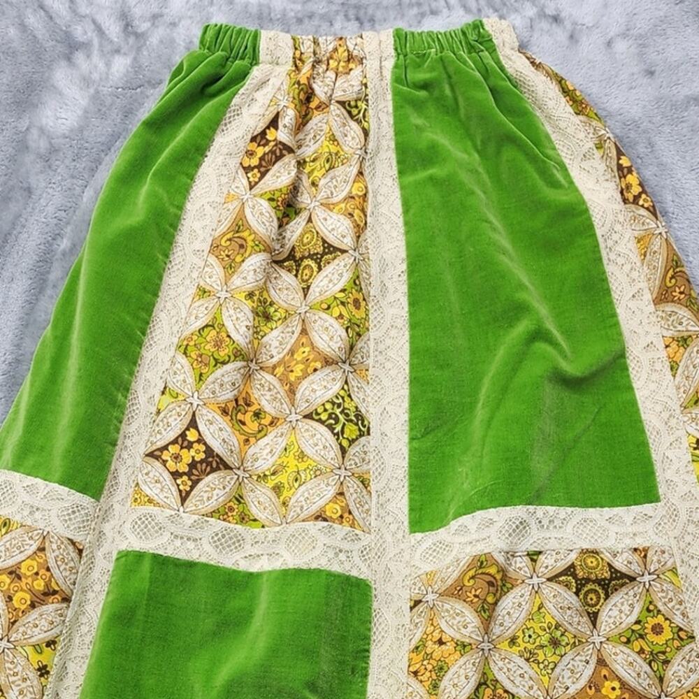 Vintage 70s Chessa Davis Skirt Women S Green Quilted Patchwork Velvet Lace‎ Maxi - Picture 5 of 12